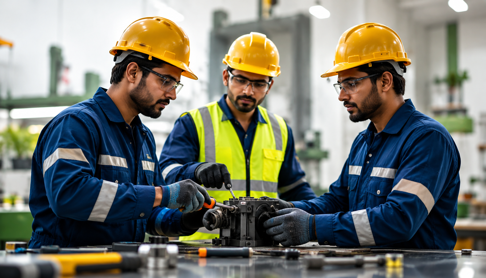 Engineers collaborating on machinery assembly