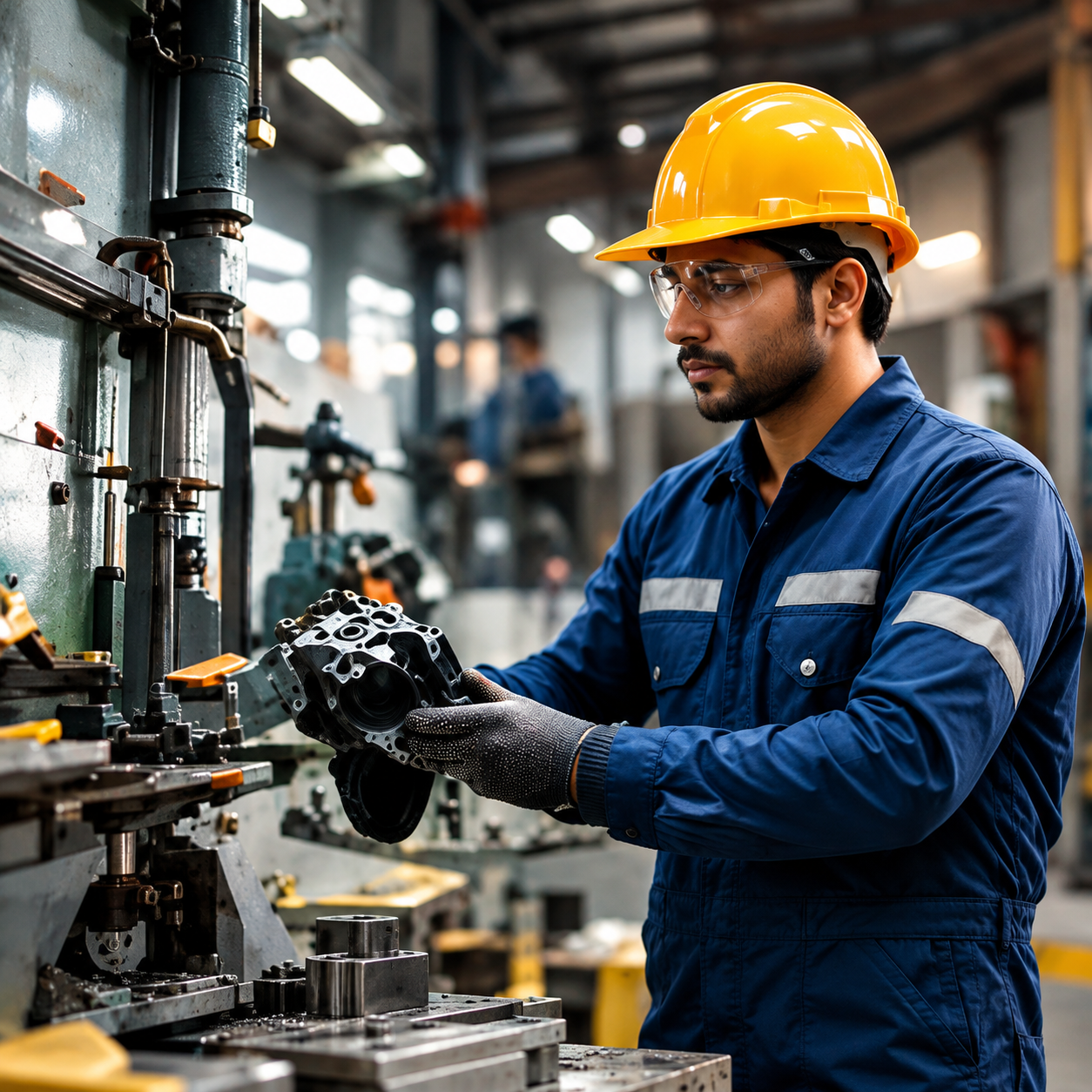 Engineer inspecting a machined component