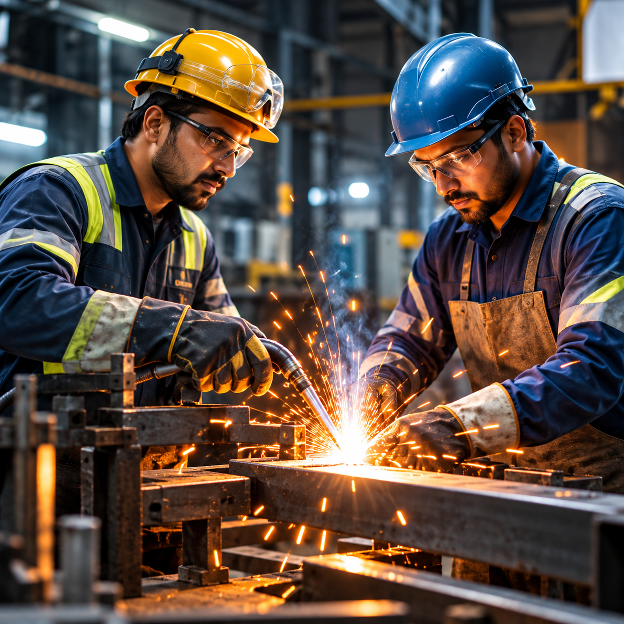 Welding team in an industrial workshop